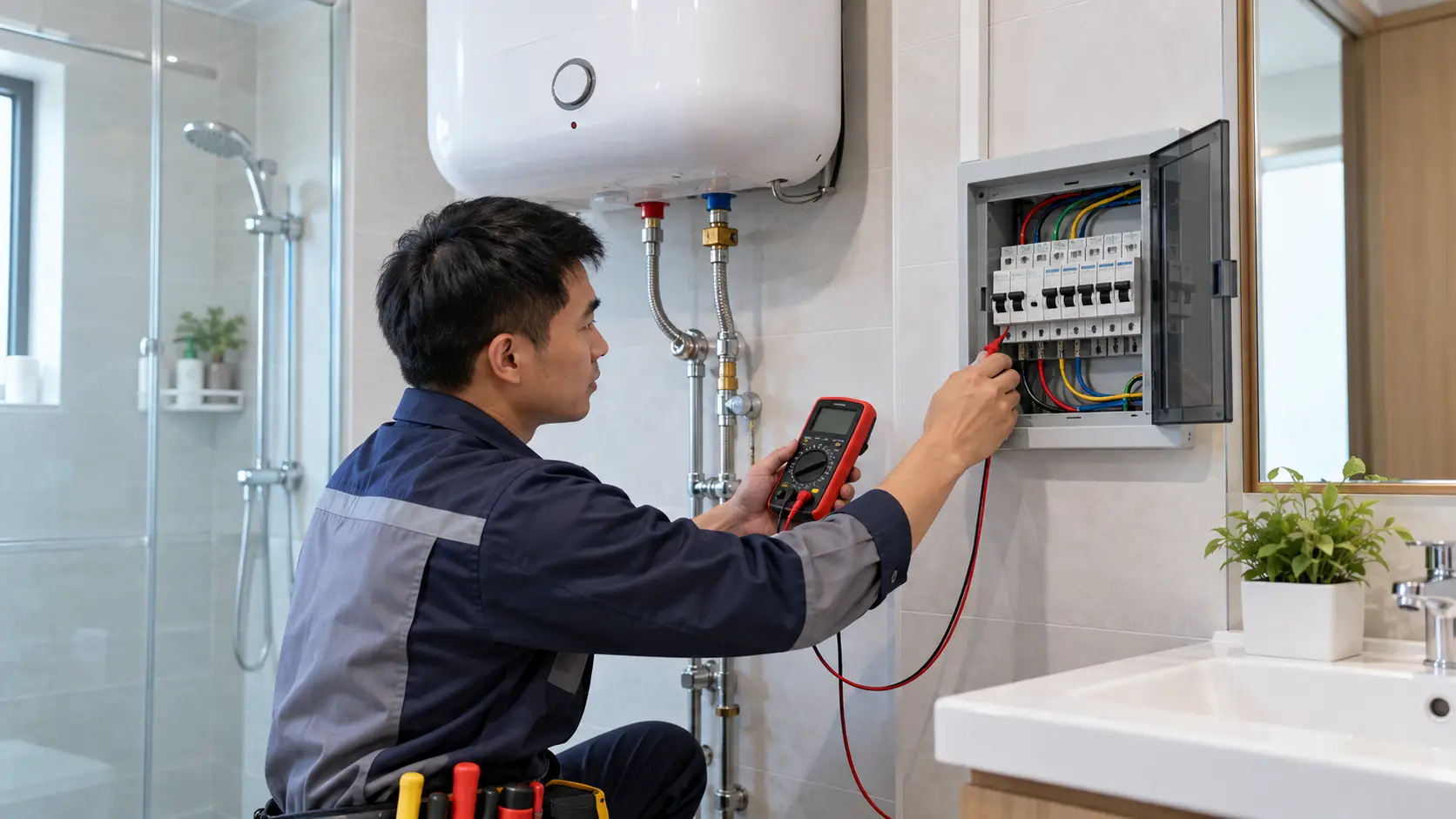 Kỹ thuật viên kiểm tra bình nóng lạnh nhảy aptomat