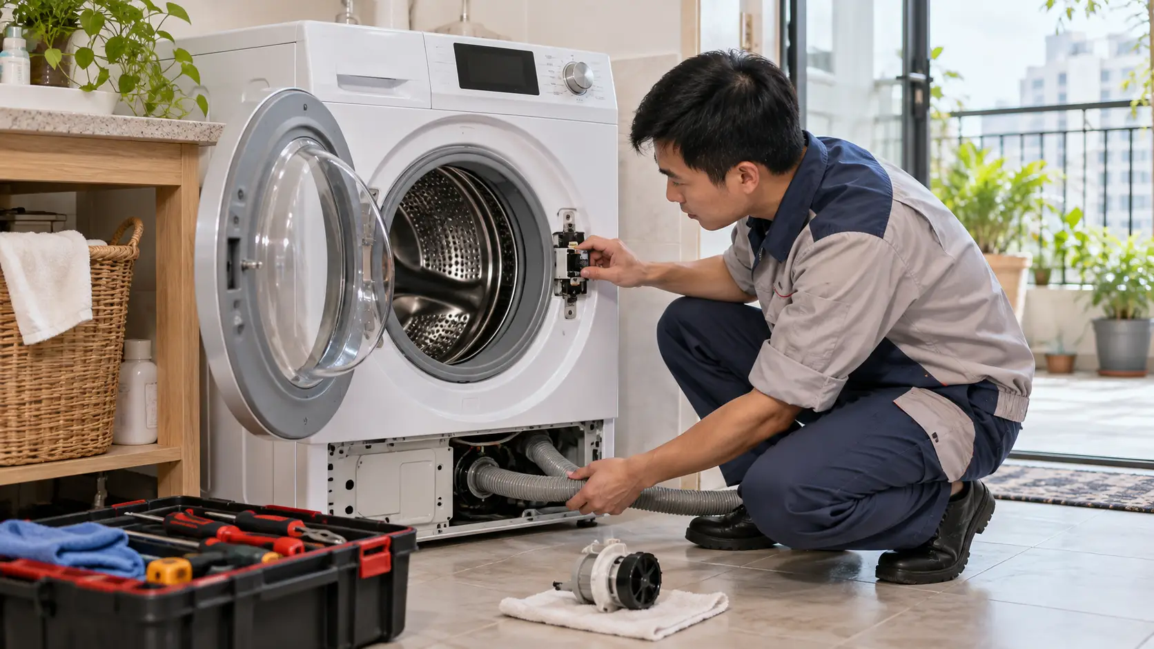 Kỹ thuật viên kiểm tra máy giặt không vắt