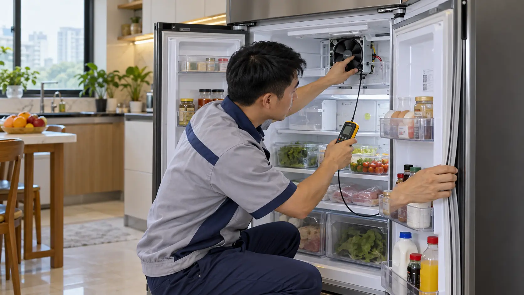 Kỹ thuật viên kiểm tra tủ lạnh không lạnh
